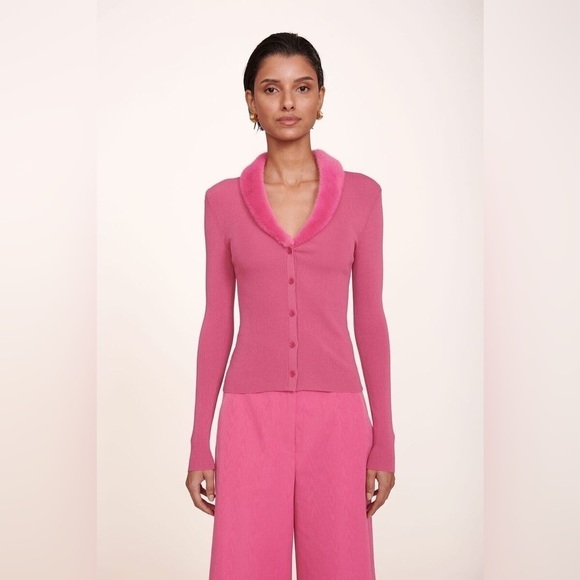 New! STAUD 💗 Celina Faux Fur Collar Rib Knit Top In Lollipop 💗 XS! SALE! - Picture 4 of 14